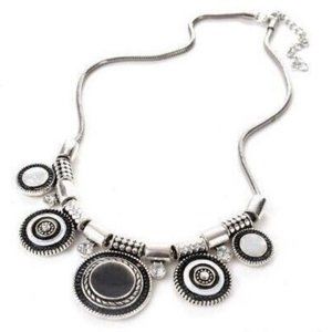 ARTZY Graduated Graphic CIRCLES Black White Enamel Crystal Silver-tone Necklace